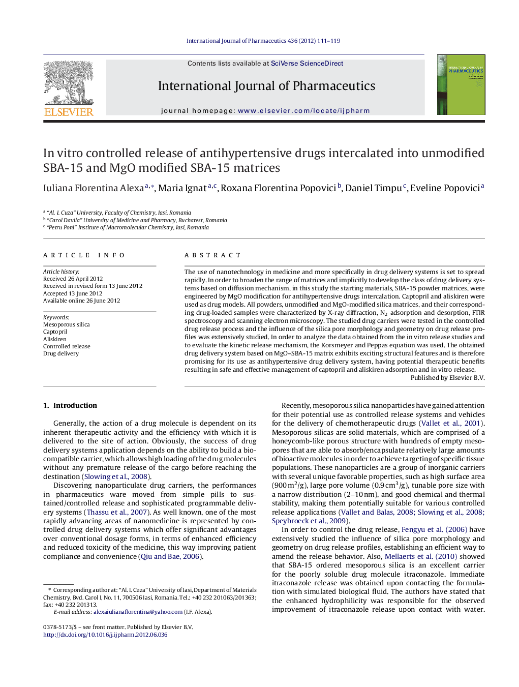 In vitro controlled release of antihypertensive drugs intercalated into unmodified SBA-15 and MgO modified SBA-15 matrices