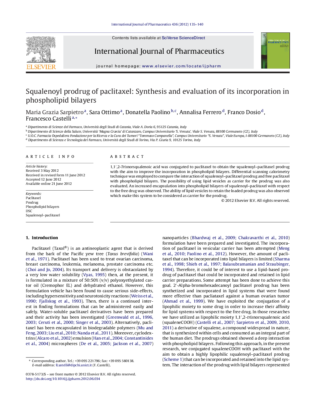 Squalenoyl prodrug of paclitaxel: Synthesis and evaluation of its incorporation in phospholipid bilayers