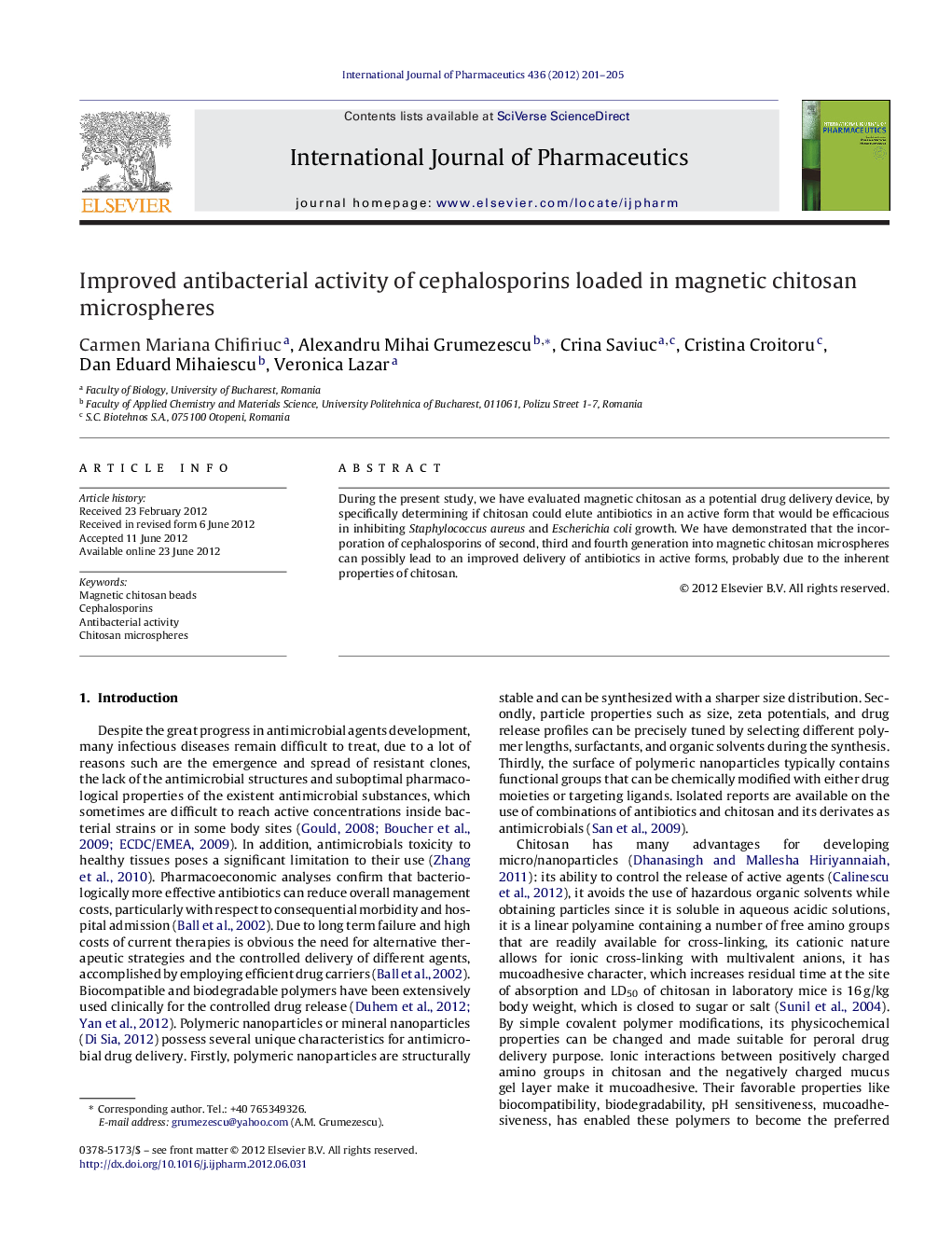 Improved antibacterial activity of cephalosporins loaded in magnetic chitosan microspheres