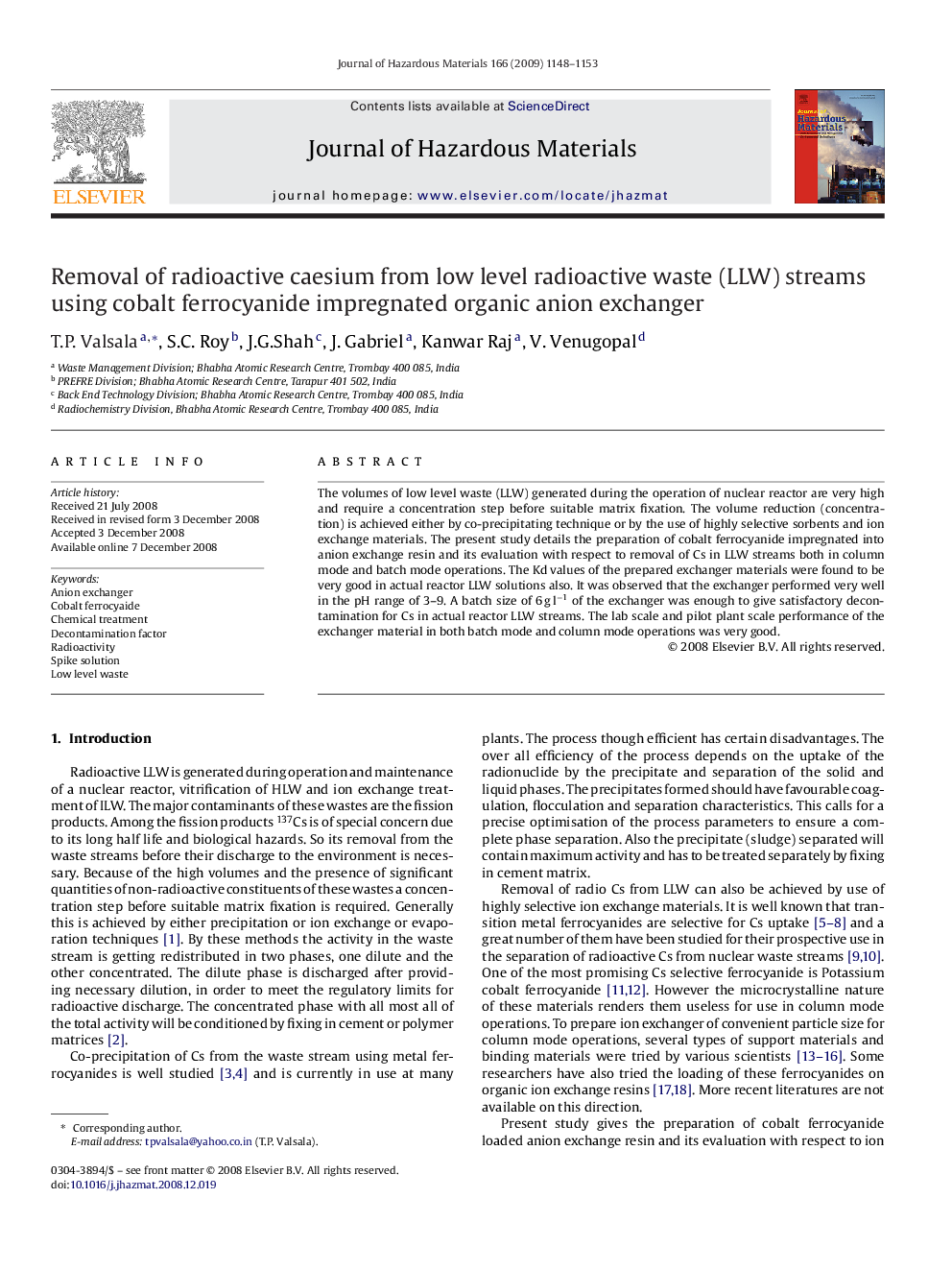 Removal of radioactive caesium from low level radioactive waste (LLW) streams using cobalt ferrocyanide impregnated organic anion exchanger