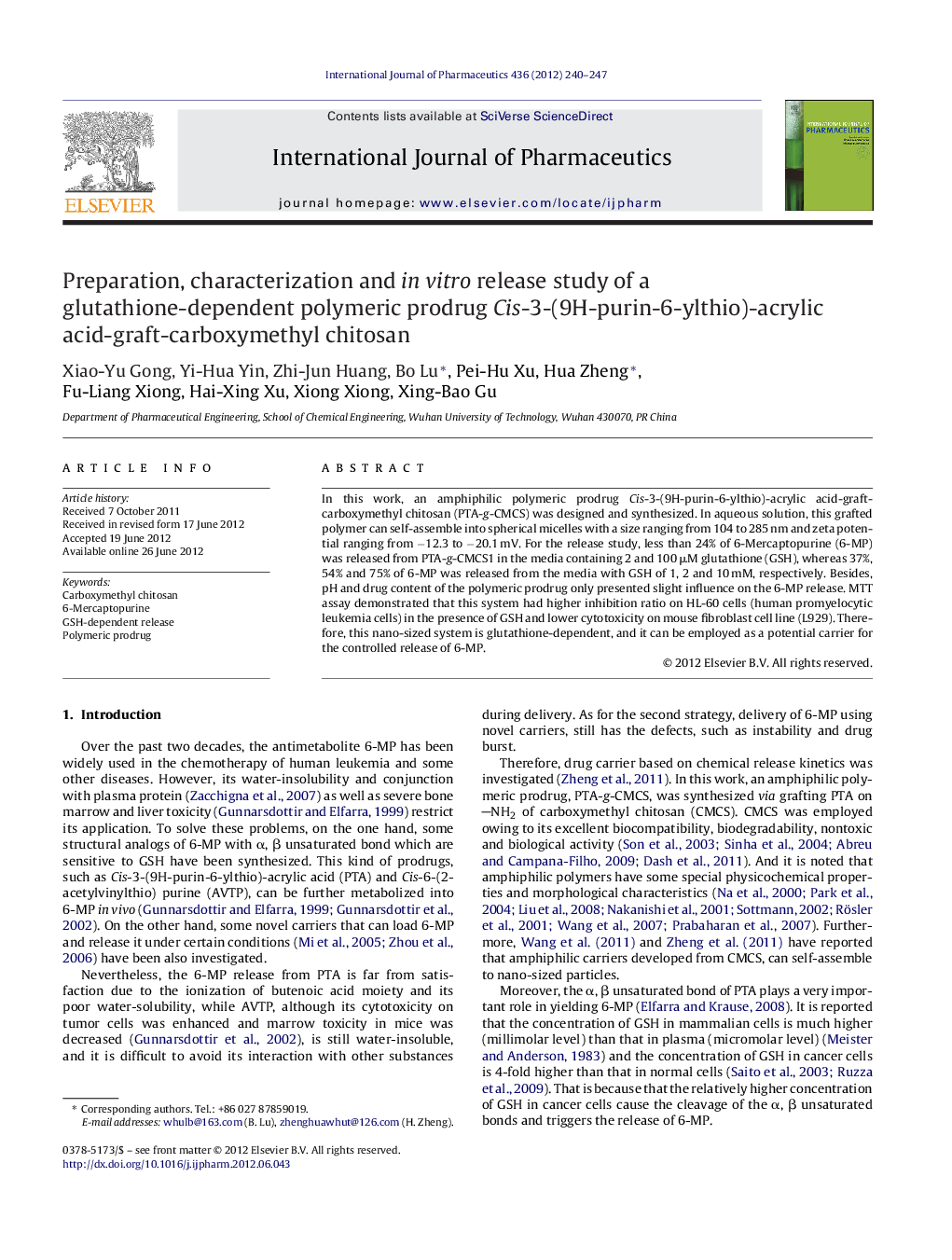 Preparation, characterization and in vitro release study of a glutathione-dependent polymeric prodrug Cis-3-(9H-purin-6-ylthio)-acrylic acid-graft-carboxymethyl chitosan