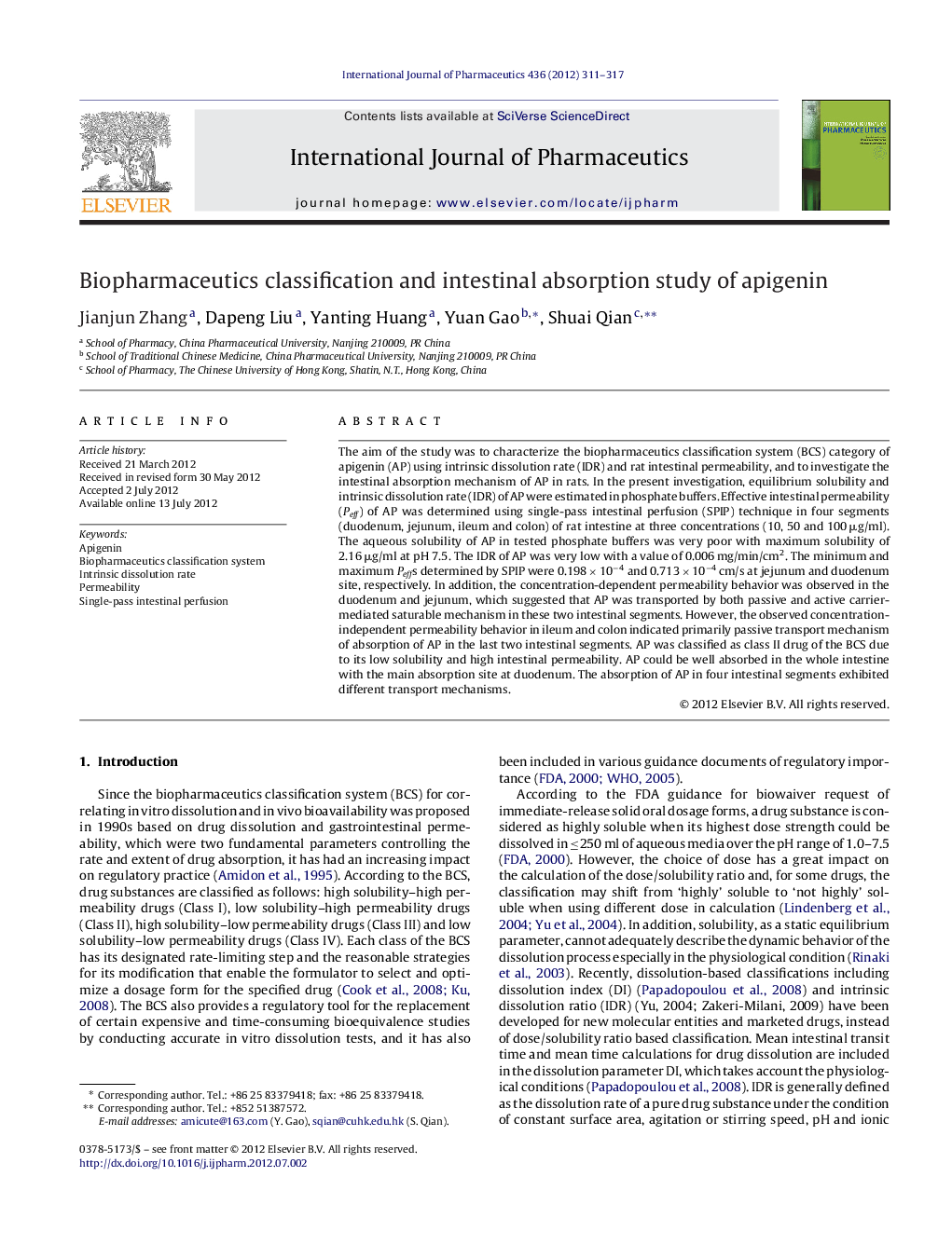 Biopharmaceutics classification and intestinal absorption study of apigenin