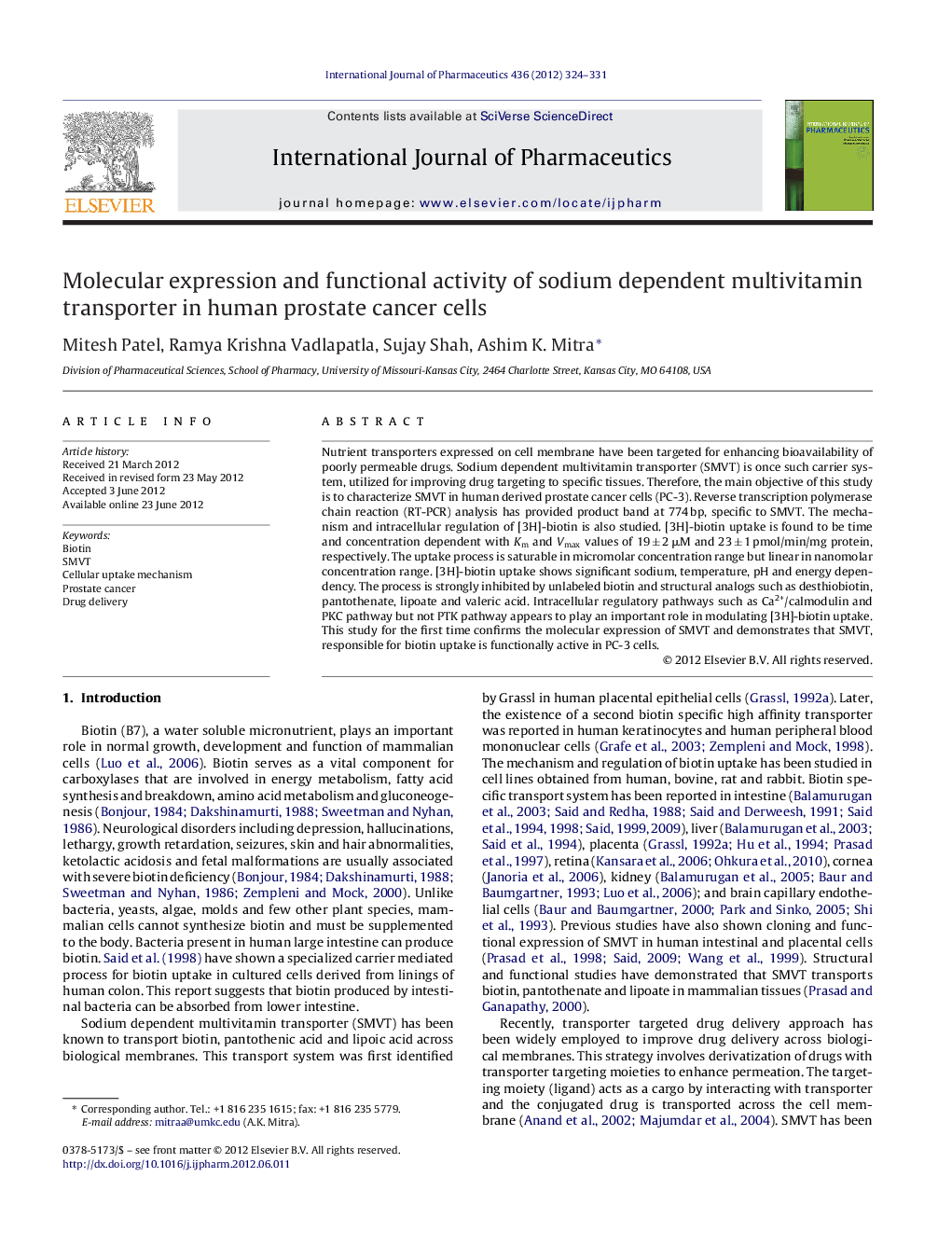 Molecular expression and functional activity of sodium dependent multivitamin transporter in human prostate cancer cells