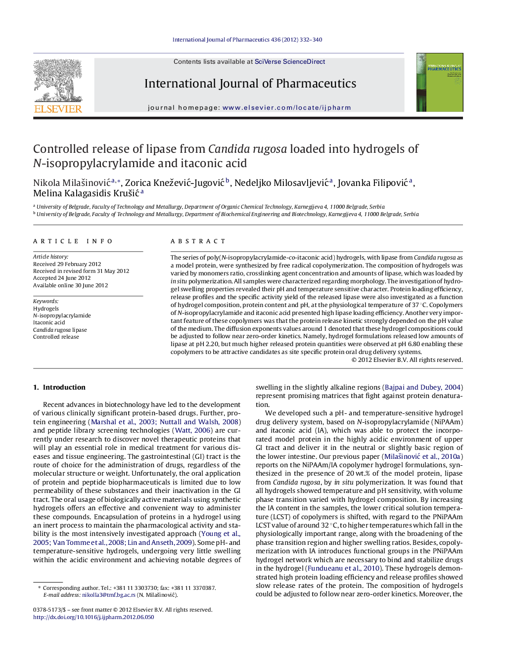 Controlled release of lipase from Candida rugosa loaded into hydrogels of N-isopropylacrylamide and itaconic acid