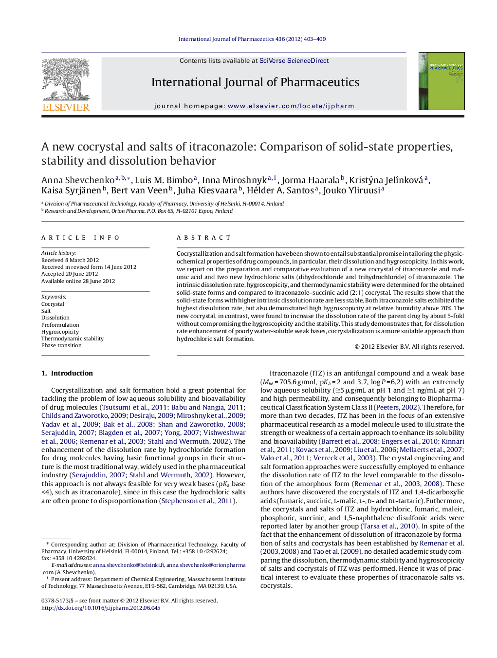 A new cocrystal and salts of itraconazole: Comparison of solid-state properties, stability and dissolution behavior