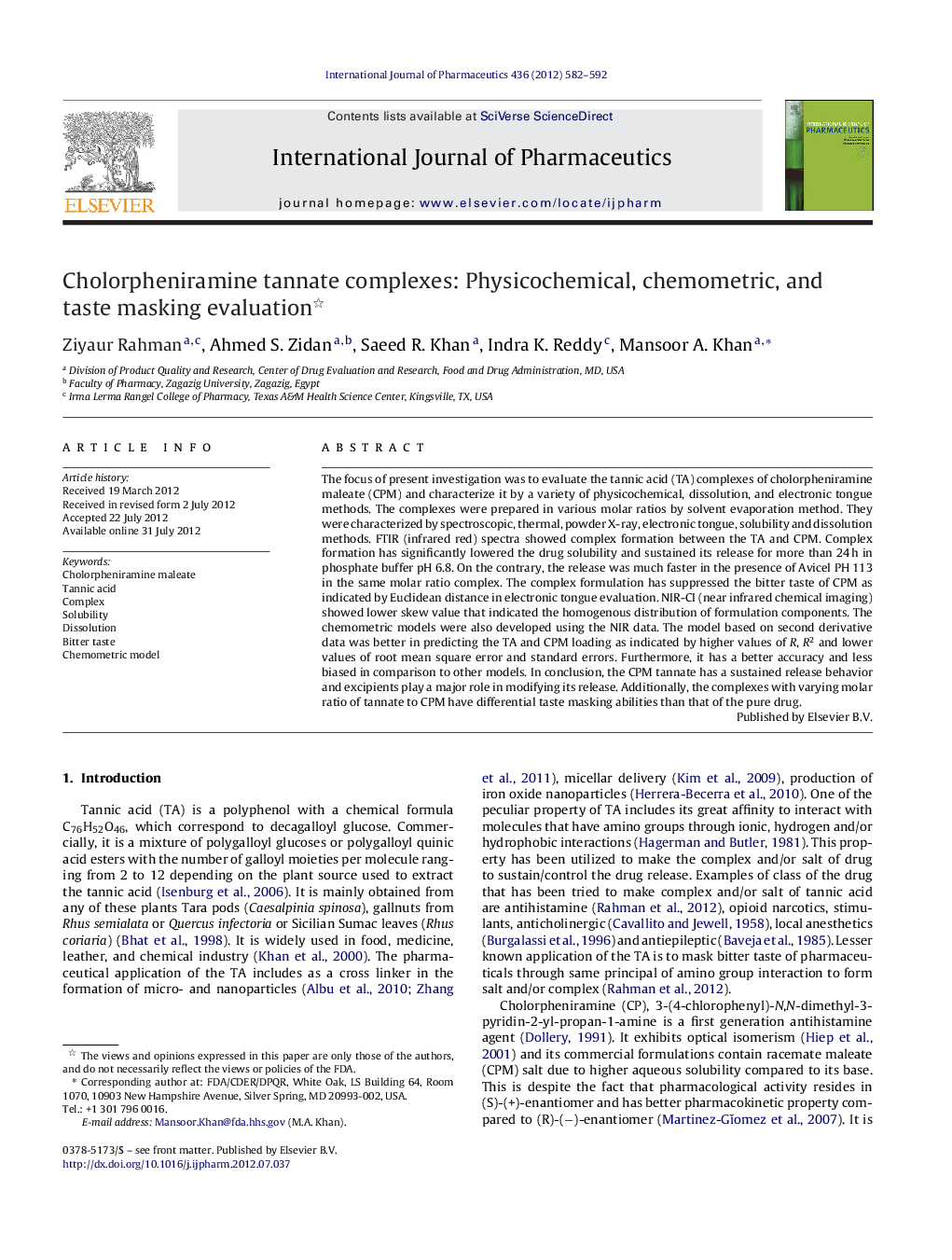 Cholorpheniramine tannate complexes: Physicochemical, chemometric, and taste masking evaluation