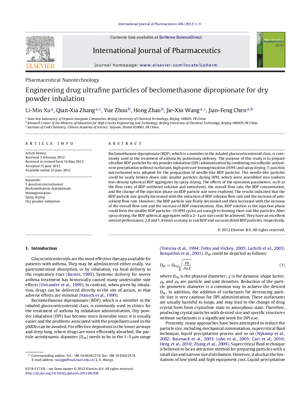 Engineering drug ultrafine particles of beclomethasone dipropionate for dry powder inhalation