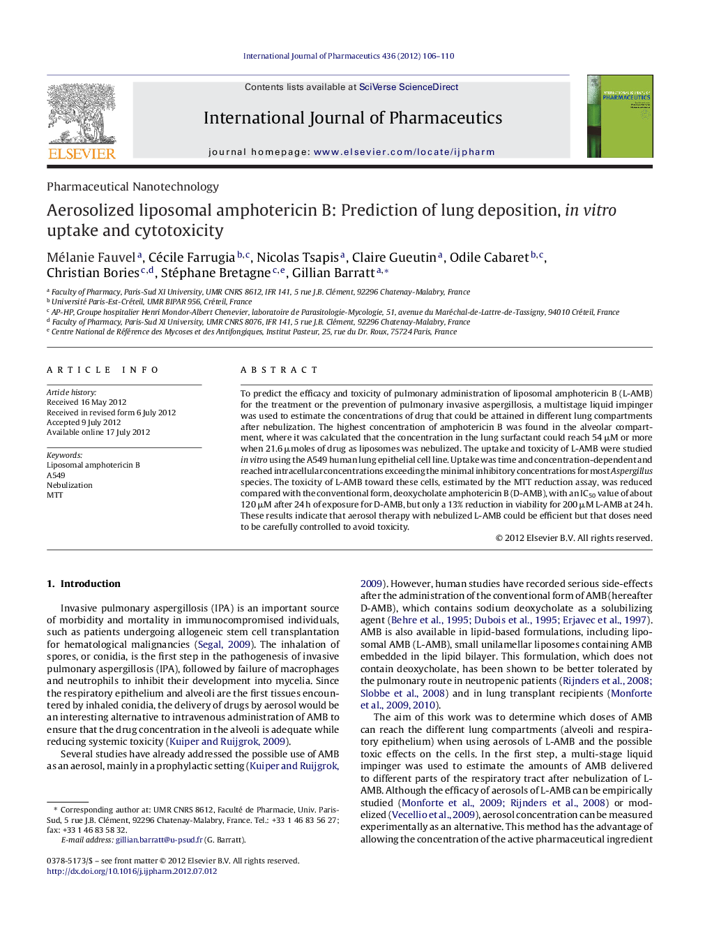 Aerosolized liposomal amphotericin B: Prediction of lung deposition, in vitro uptake and cytotoxicity