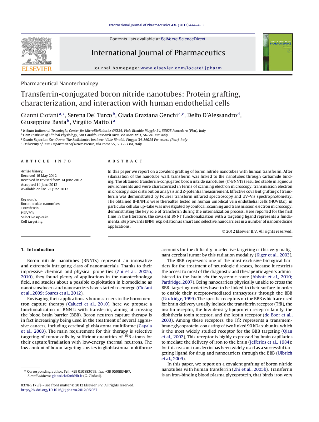 Pharmaceutical NanotechnologyTransferrin-conjugated boron nitride nanotubes: Protein grafting, characterization, and interaction with human endothelial cells