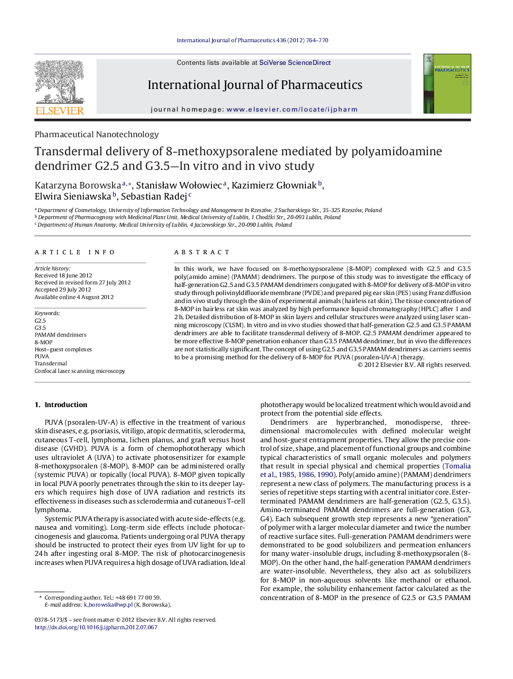 Transdermal delivery of 8-methoxypsoralene mediated by polyamidoamine dendrimer G2.5 and G3.5-In vitro and in vivo study