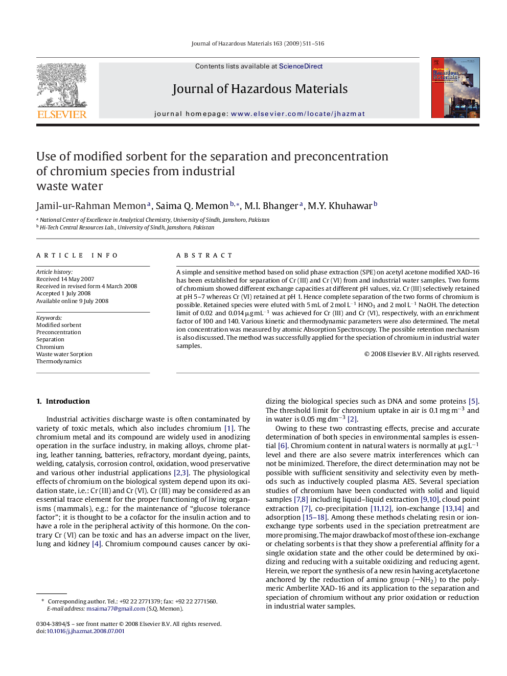 Use of modified sorbent for the separation and preconcentration of chromium species from industrial waste water