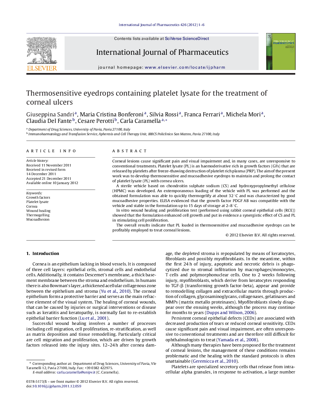 Thermosensitive eyedrops containing platelet lysate for the treatment of corneal ulcers