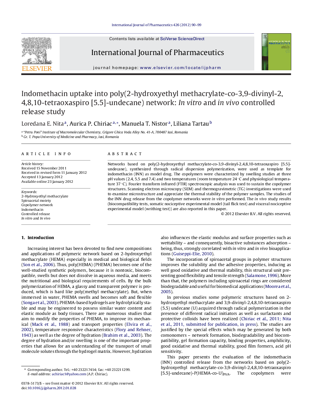 Indomethacin uptake into poly(2-hydroxyethyl methacrylate-co-3,9-divinyl-2,4,8,10-tetraoxaspiro [5.5]-undecane) network: In vitro and in vivo controlled release study