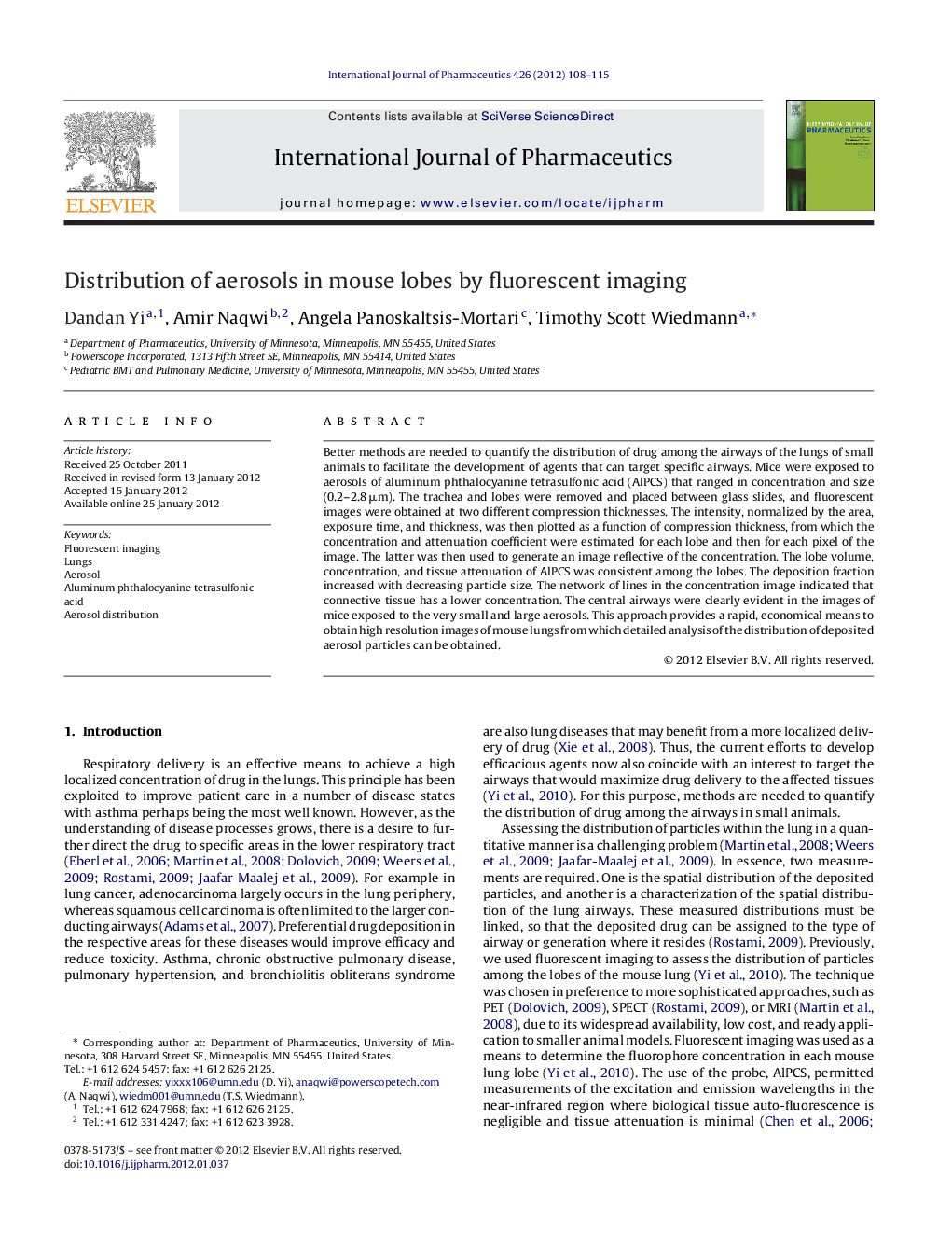 عکس صفحه اول مقاله: Distribution of aerosols in mouse lobes by fluorescent imaging Distribution of aerosols in mouse lobes by fluorescent imaging