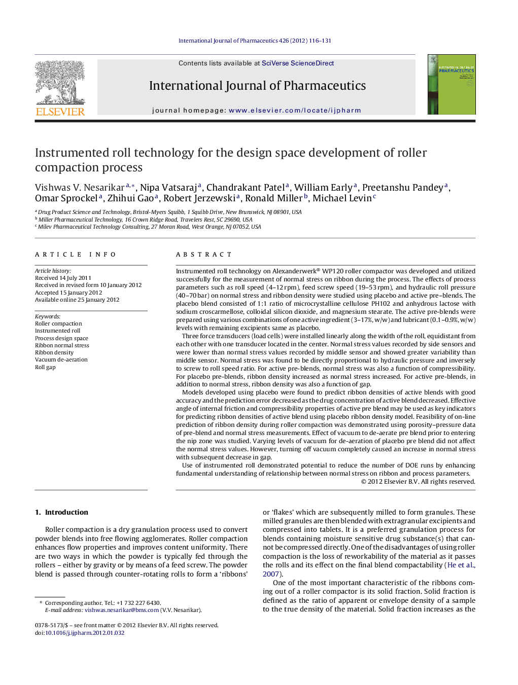 عکس صفحه اول مقاله: Instrumented roll technology for the design space development of roller compaction process Instrumented roll technology for the design space development of roller compaction process