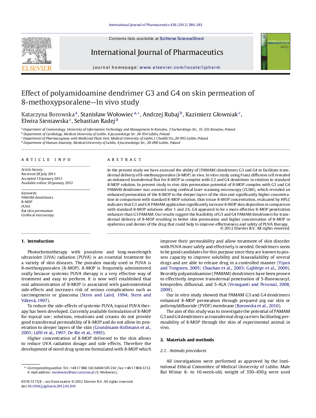 Effect of polyamidoamine dendrimer G3 and G4 on skin permeation of 8-methoxypsoralene-In vivo study