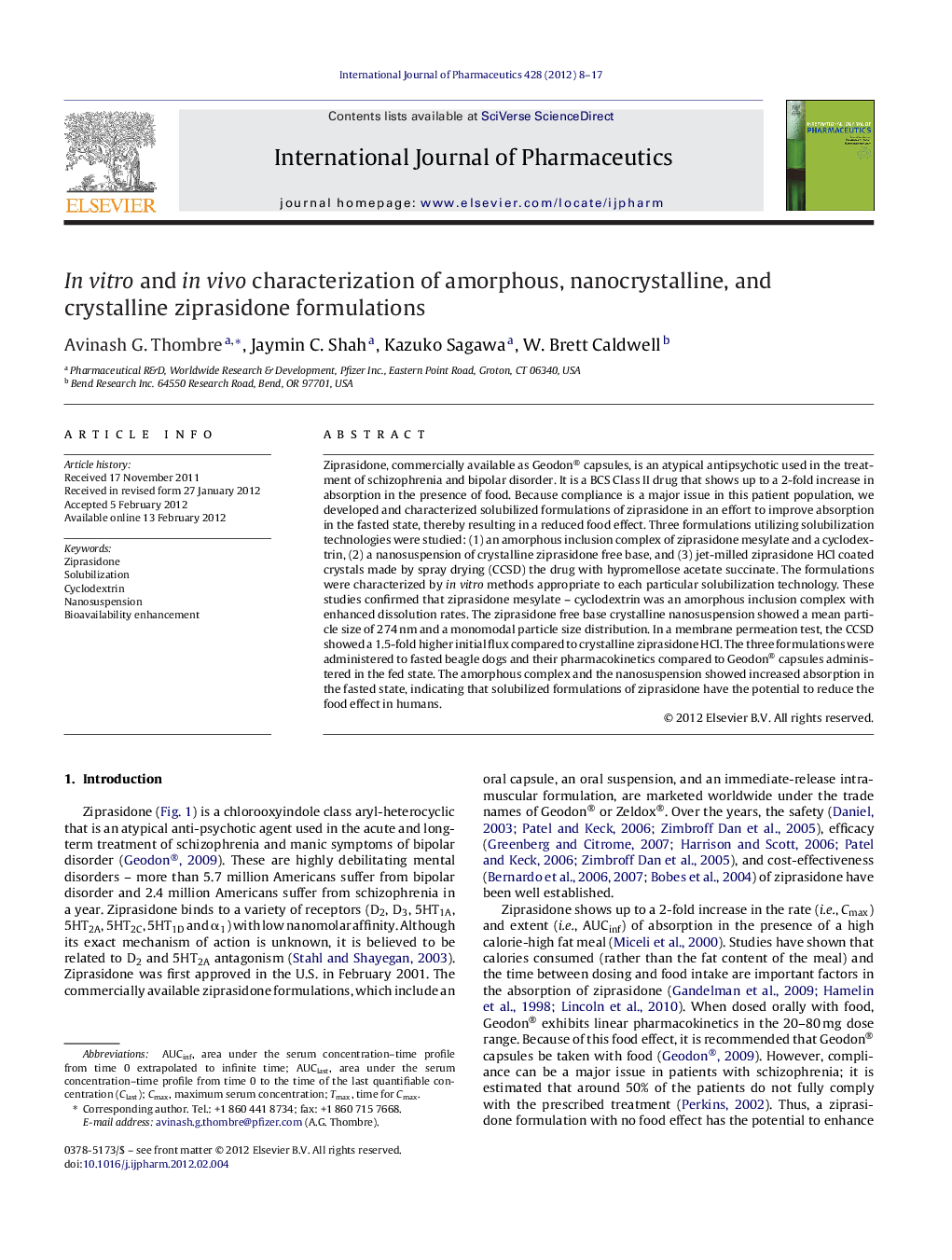 In vitro and in vivo characterization of amorphous, nanocrystalline, and crystalline ziprasidone formulations