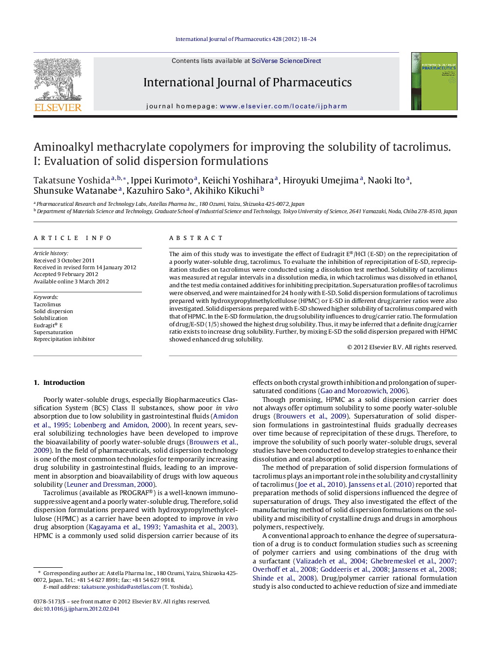 Aminoalkyl methacrylate copolymers for improving the solubility of tacrolimus. I: Evaluation of solid dispersion formulations