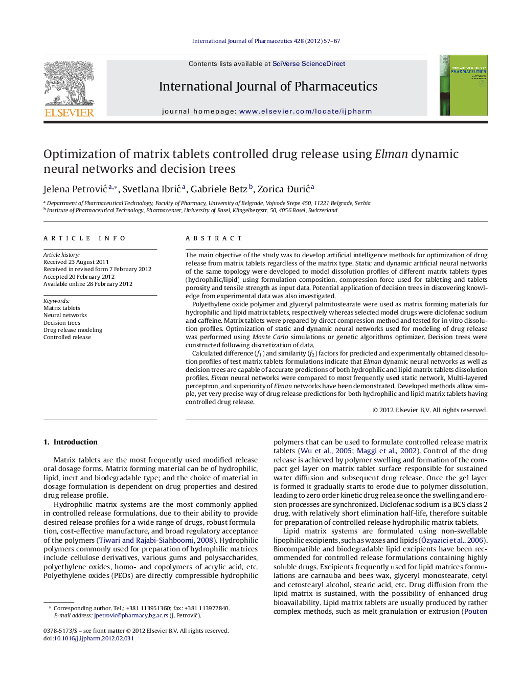 Optimization of matrix tablets controlled drug release using Elman dynamic neural networks and decision trees