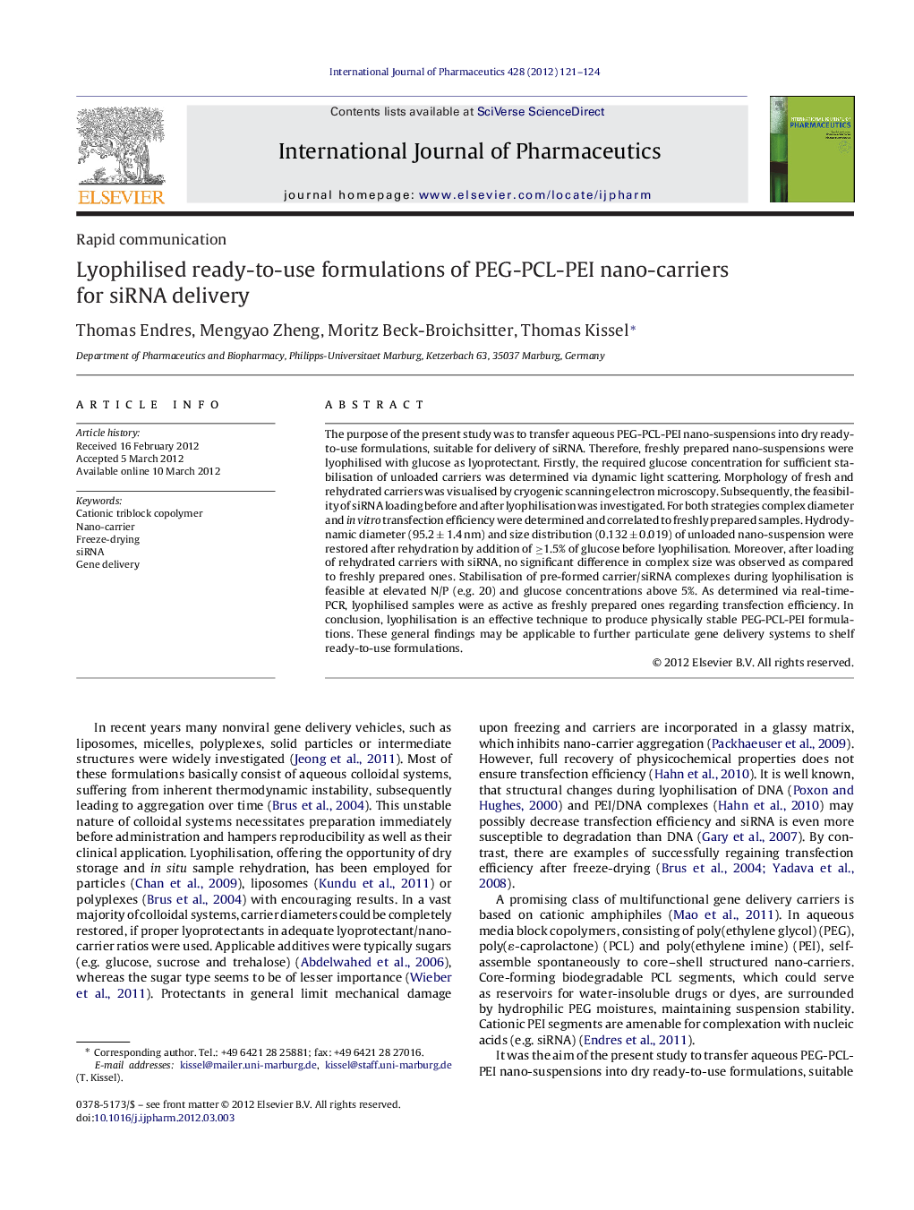 Lyophilised ready-to-use formulations of PEG-PCL-PEI nano-carriers for siRNA delivery