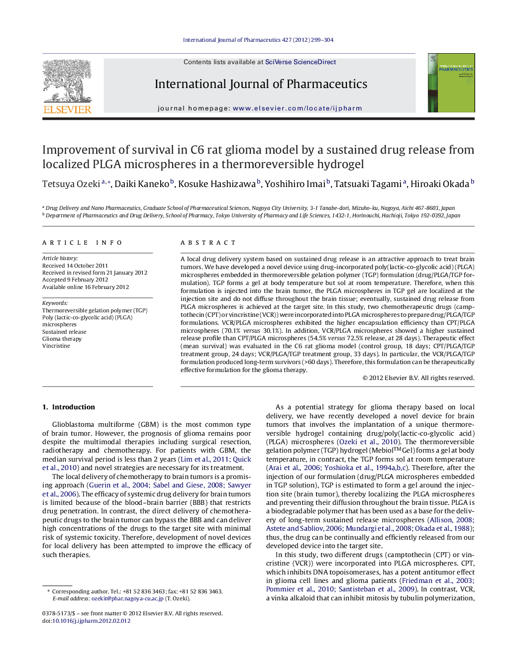 Improvement of survival in C6 rat glioma model by a sustained drug release from localized PLGA microspheres in a thermoreversible hydrogel