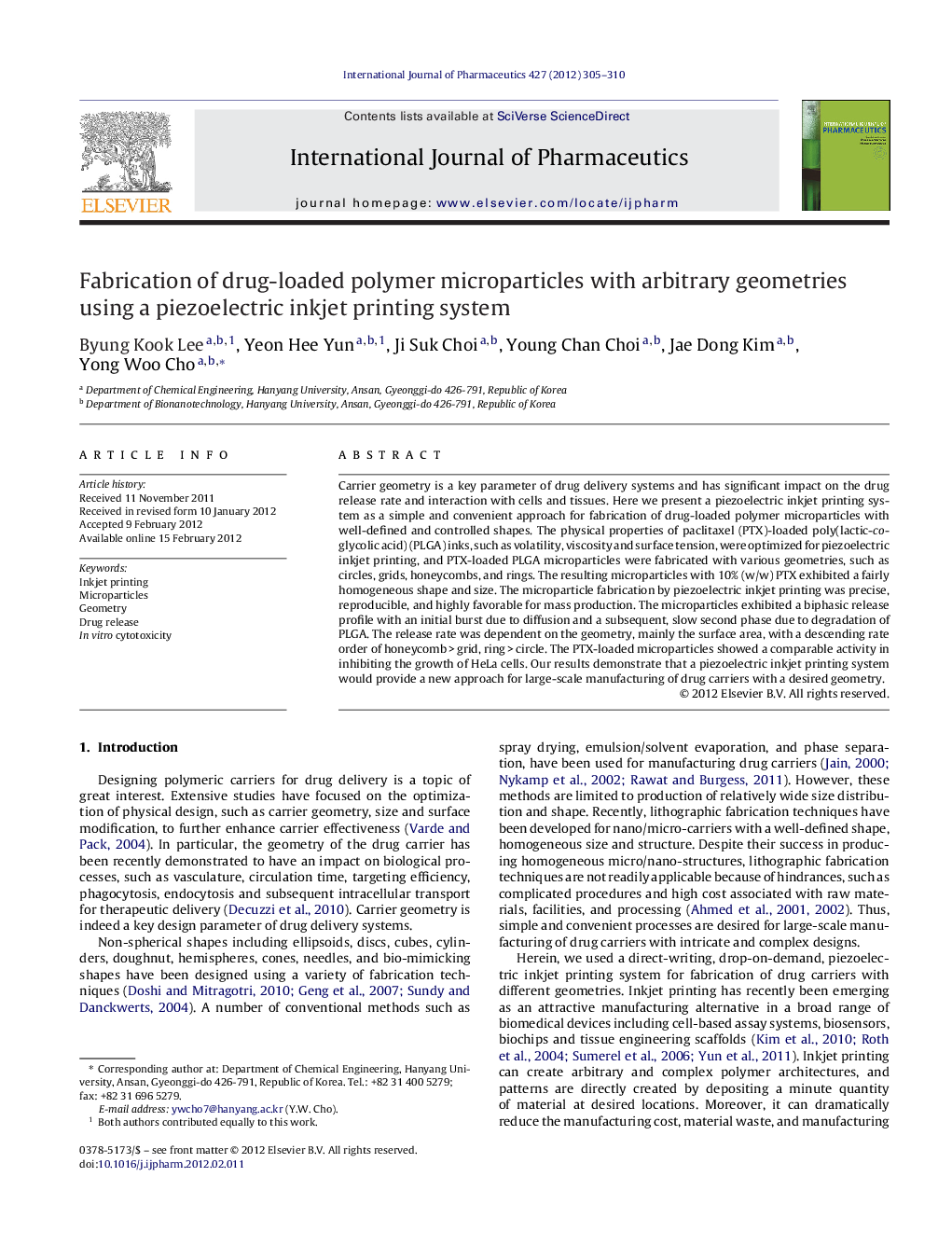 Fabrication of drug-loaded polymer microparticles with arbitrary geometries using a piezoelectric inkjet printing system