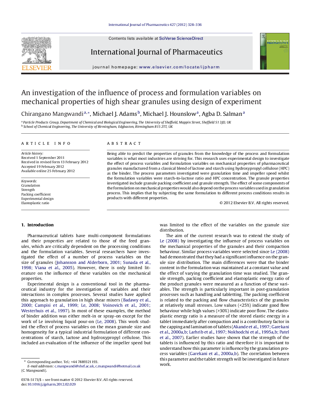 An investigation of the influence of process and formulation variables on mechanical properties of high shear granules using design of experiment