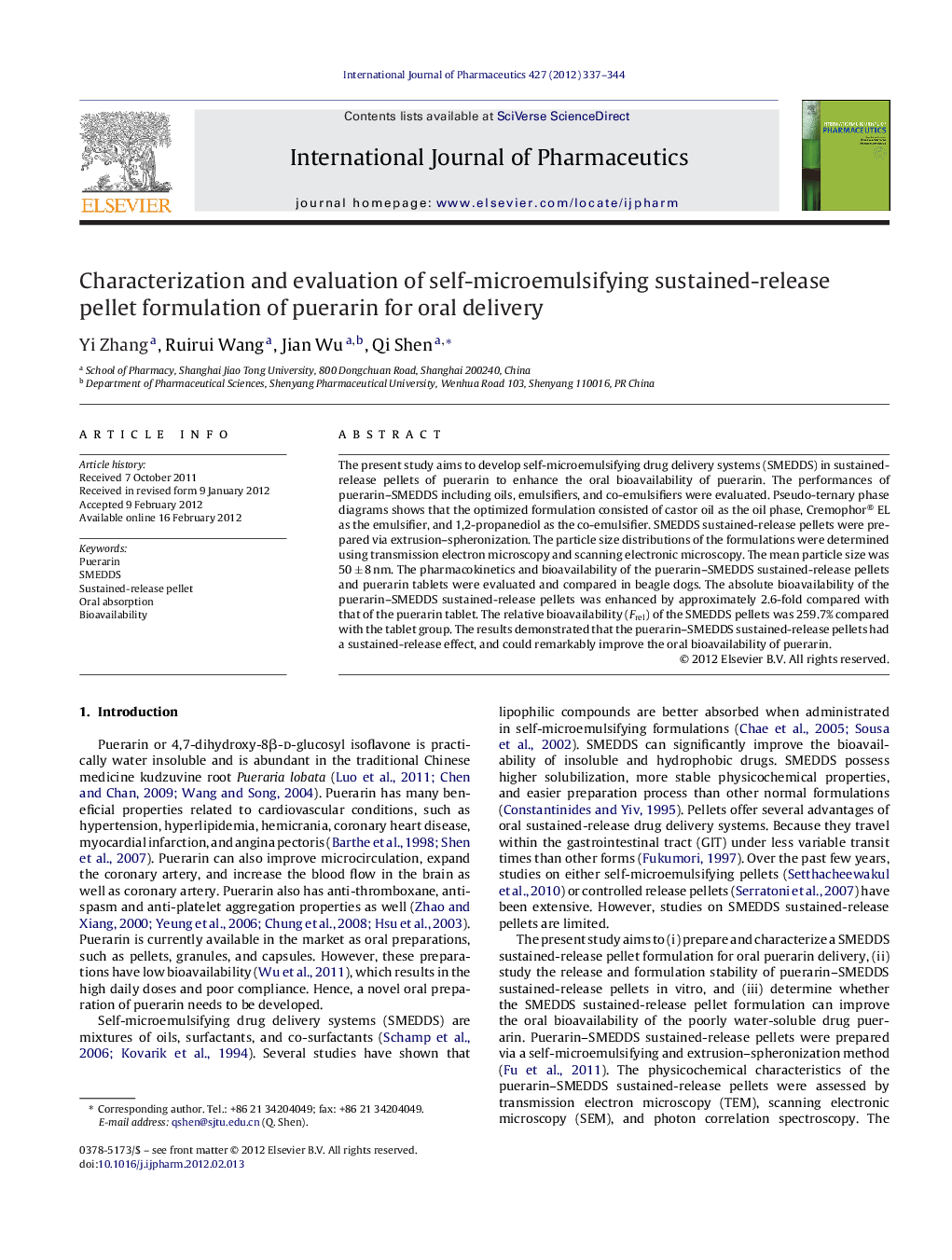 Characterization and evaluation of self-microemulsifying sustained-release pellet formulation of puerarin for oral delivery