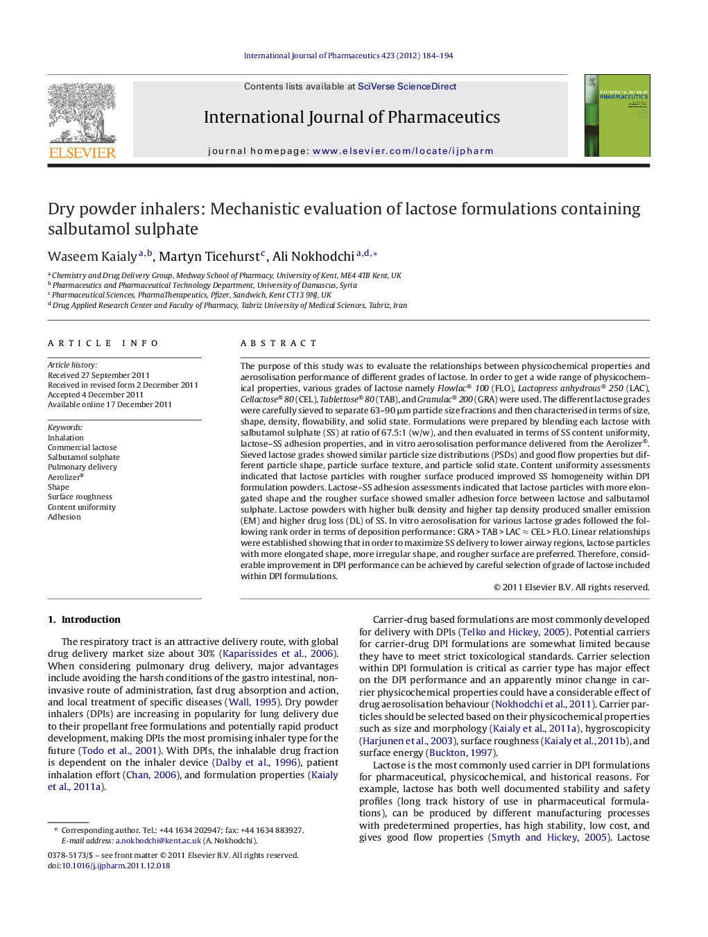 Dry powder inhalers: Mechanistic evaluation of lactose formulations containing salbutamol sulphate