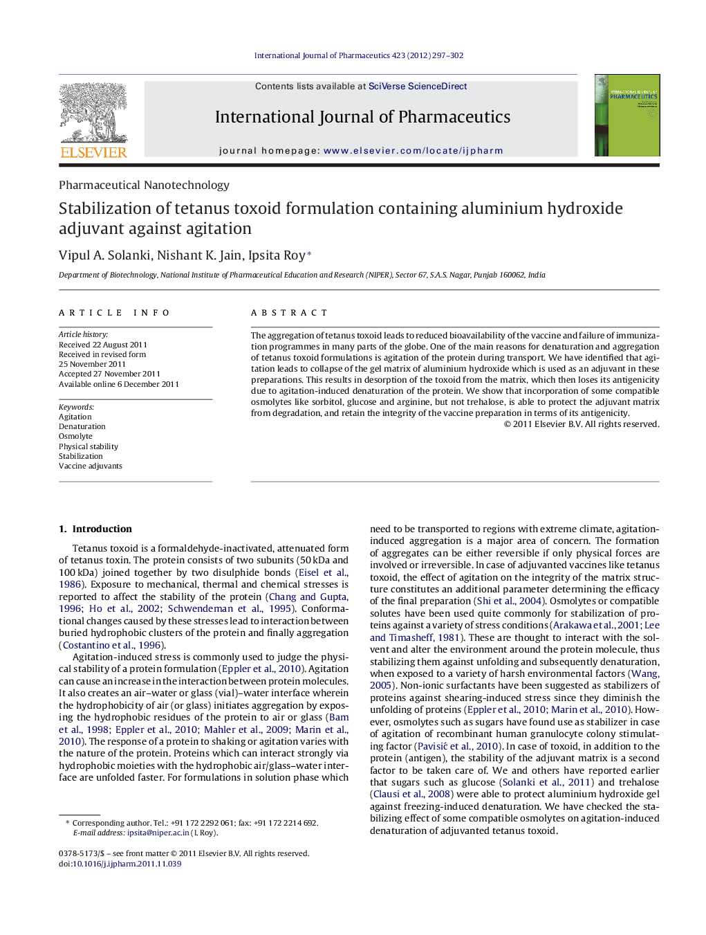 Pharmaceutical NanotechnologyStabilization of tetanus toxoid formulation containing aluminium hydroxide adjuvant against agitation