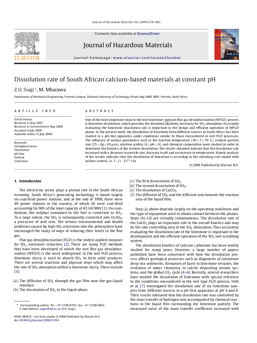 Dissolution rate of South African calcium-based materials at constant pH