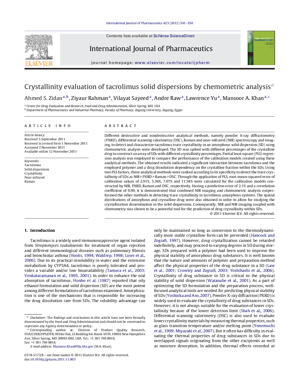 Crystallinity evaluation of tacrolimus solid dispersions by chemometric analysis