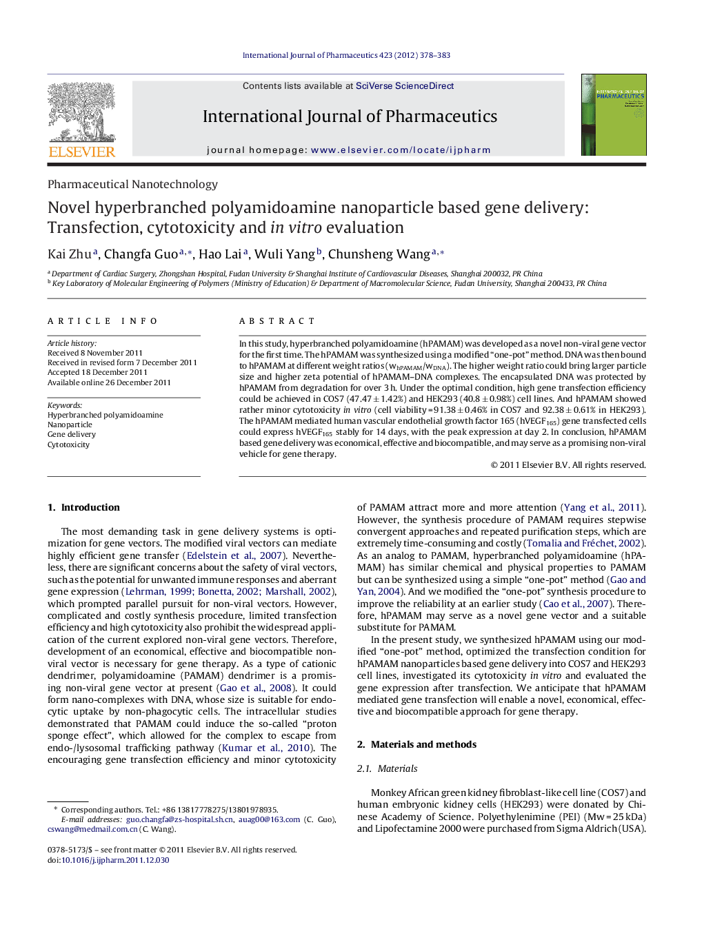 Novel hyperbranched polyamidoamine nanoparticle based gene delivery: Transfection, cytotoxicity and in vitro evaluation