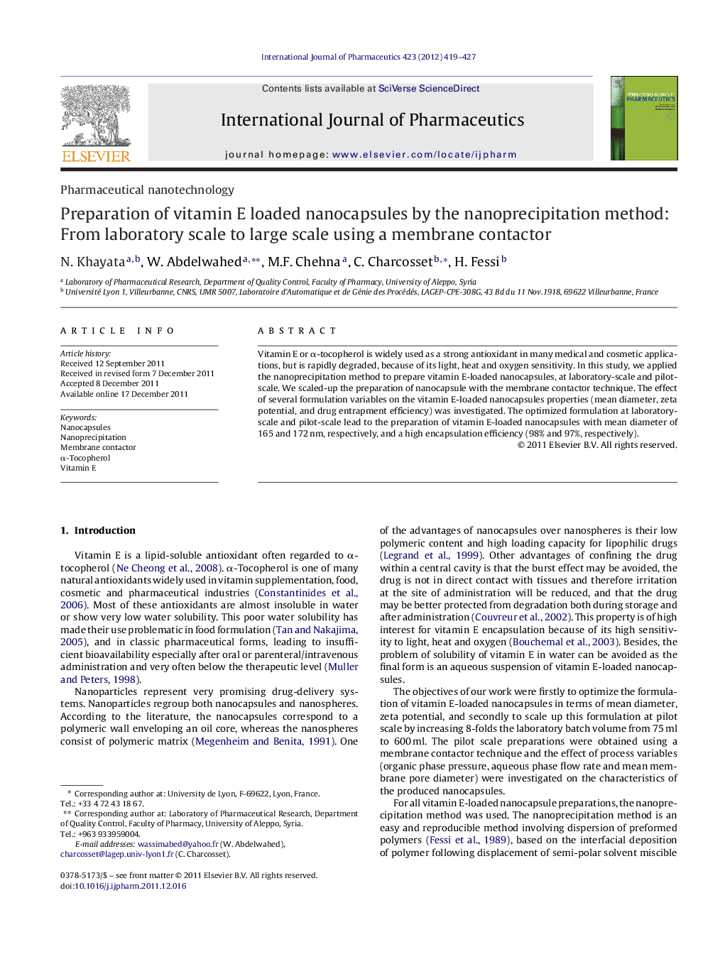 عکس صفحه اول مقاله: Preparation of vitamin E loaded nanocapsules by the nanoprecipitation method: From laboratory scale to large scale using a membrane contactor Preparation of vitamin E loaded nanocapsules by the nanoprecipitation method: From laboratory scale to large scale using a membrane contactor
