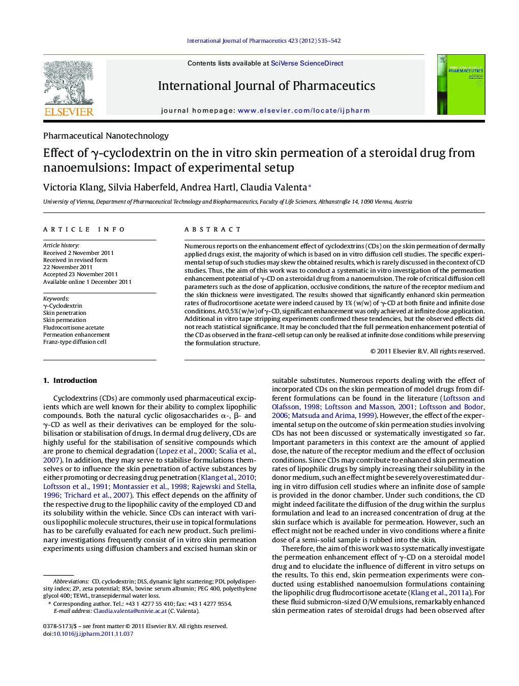 Effect of Î³-cyclodextrin on the in vitro skin permeation of a steroidal drug from nanoemulsions: Impact of experimental setup