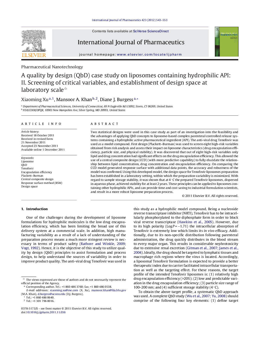 A quality by design (QbD) case study on liposomes containing hydrophilic API: II. Screening of critical variables, and establishment of design space at laboratory scale