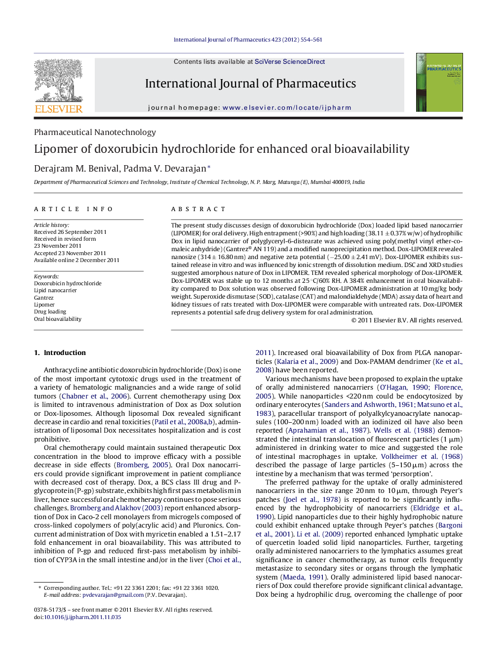 Lipomer of doxorubicin hydrochloride for enhanced oral bioavailability