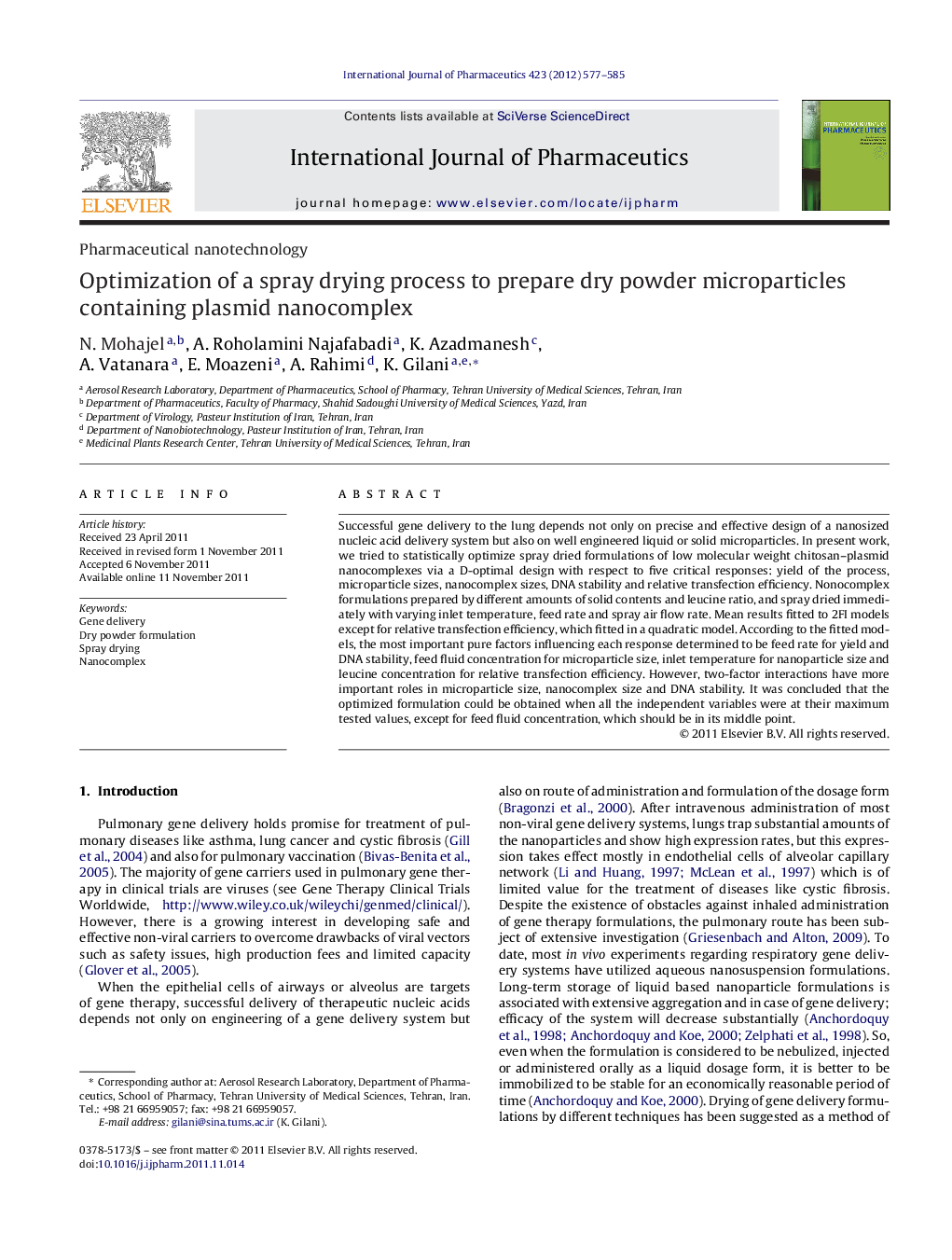 Pharmaceutical nanotechnologyOptimization of a spray drying process to prepare dry powder microparticles containing plasmid nanocomplex