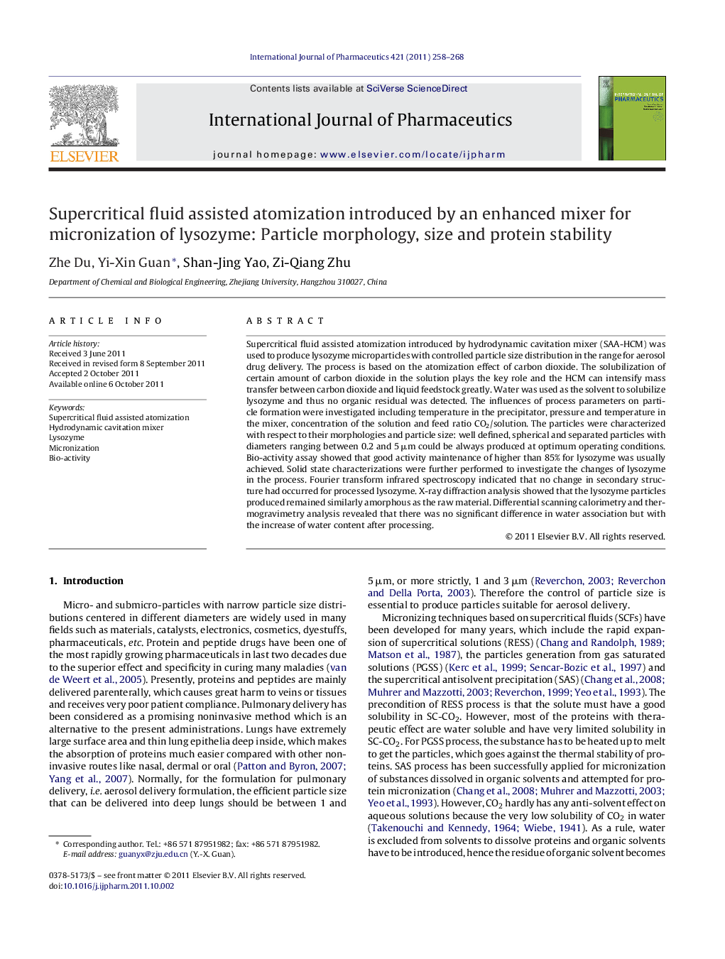 Supercritical fluid assisted atomization introduced by an enhanced mixer for micronization of lysozyme: Particle morphology, size and protein stability