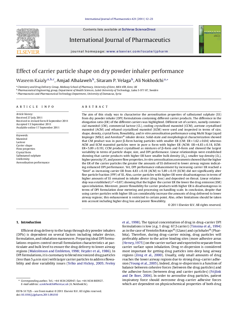 Effect of carrier particle shape on dry powder inhaler performance