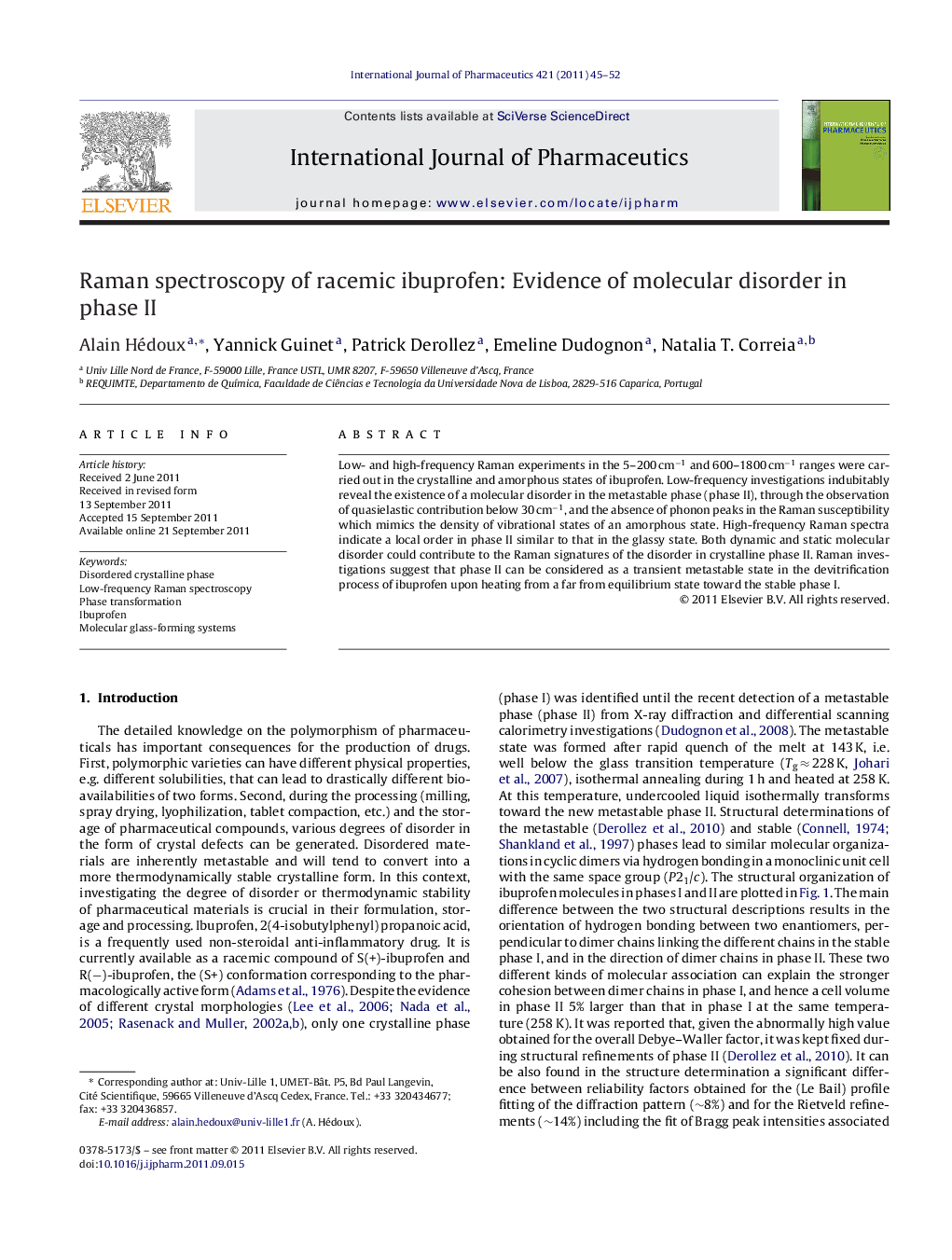 Raman spectroscopy of racemic ibuprofen: Evidence of molecular disorder in phase II