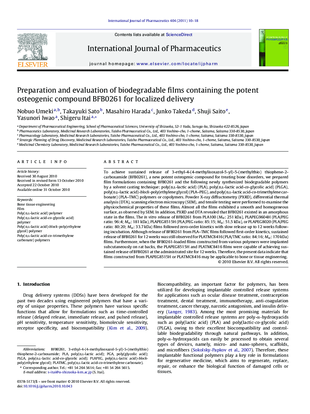 Preparation and evaluation of biodegradable films containing the potent osteogenic compound BFB0261 for localized delivery