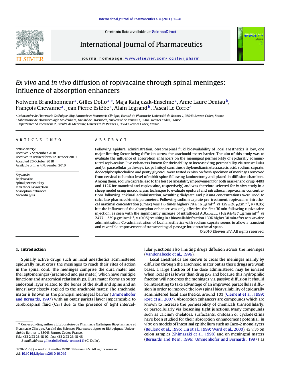 Ex vivo and in vivo diffusion of ropivacaine through spinal meninges: Influence of absorption enhancers