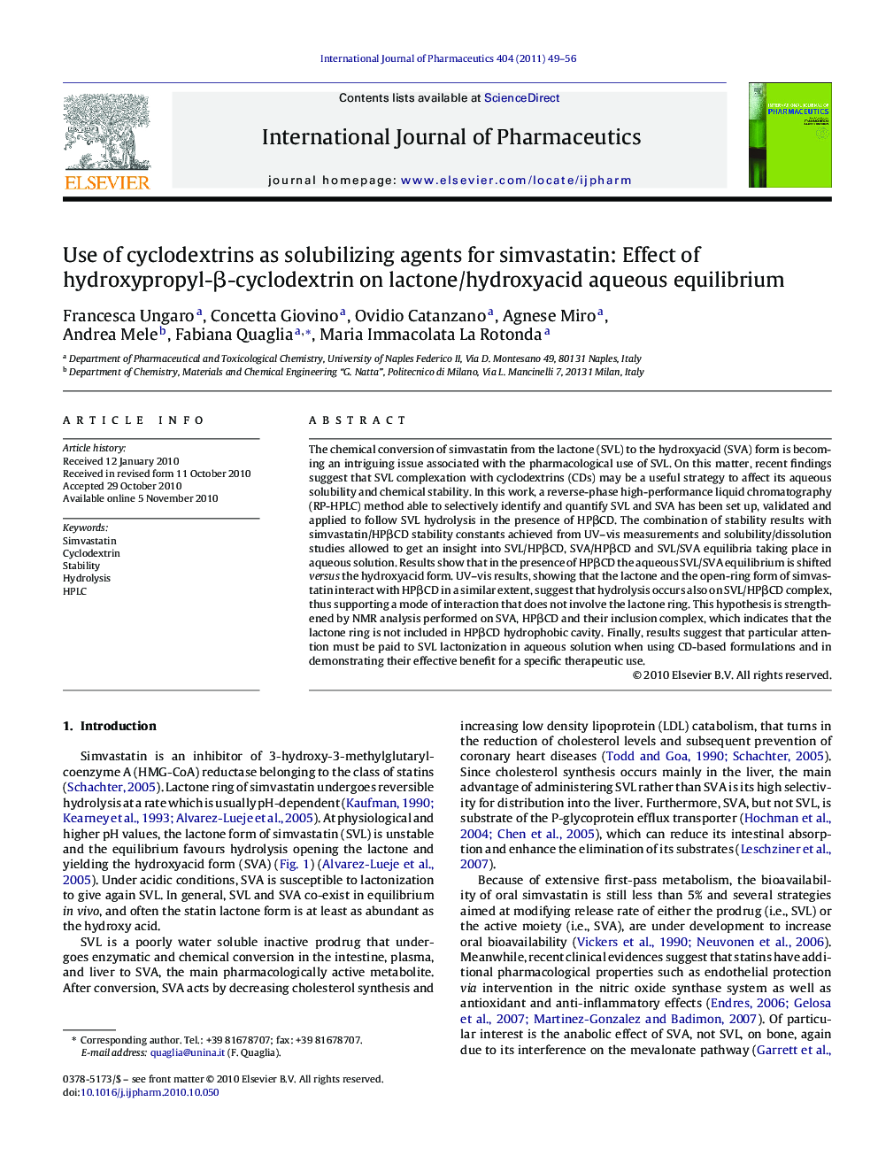 Use of cyclodextrins as solubilizing agents for simvastatin: Effect of hydroxypropyl-Î²-cyclodextrin on lactone/hydroxyacid aqueous equilibrium