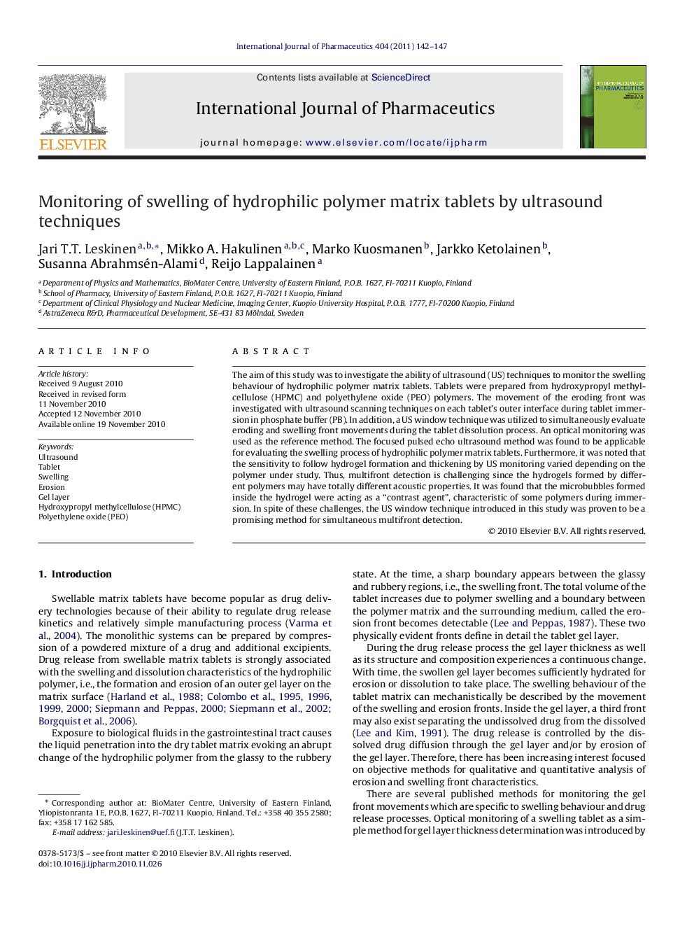 Monitoring of swelling of hydrophilic polymer matrix tablets by ultrasound techniques