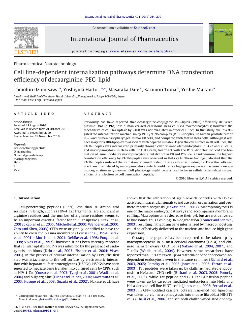 Cell line-dependent internalization pathways determine DNA transfection efficiency of decaarginine-PEG-lipid