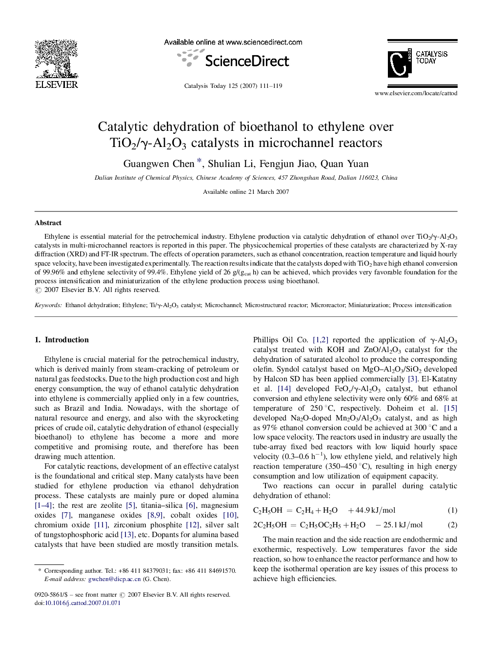 Catalytic dehydration of bioethanol to ethylene over TiO2/γ-Al2O3 catalysts in microchannel reactors