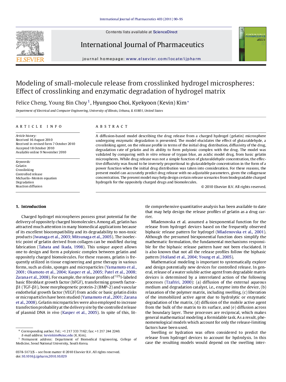 Modeling of small-molecule release from crosslinked hydrogel microspheres: Effect of crosslinking and enzymatic degradation of hydrogel matrix