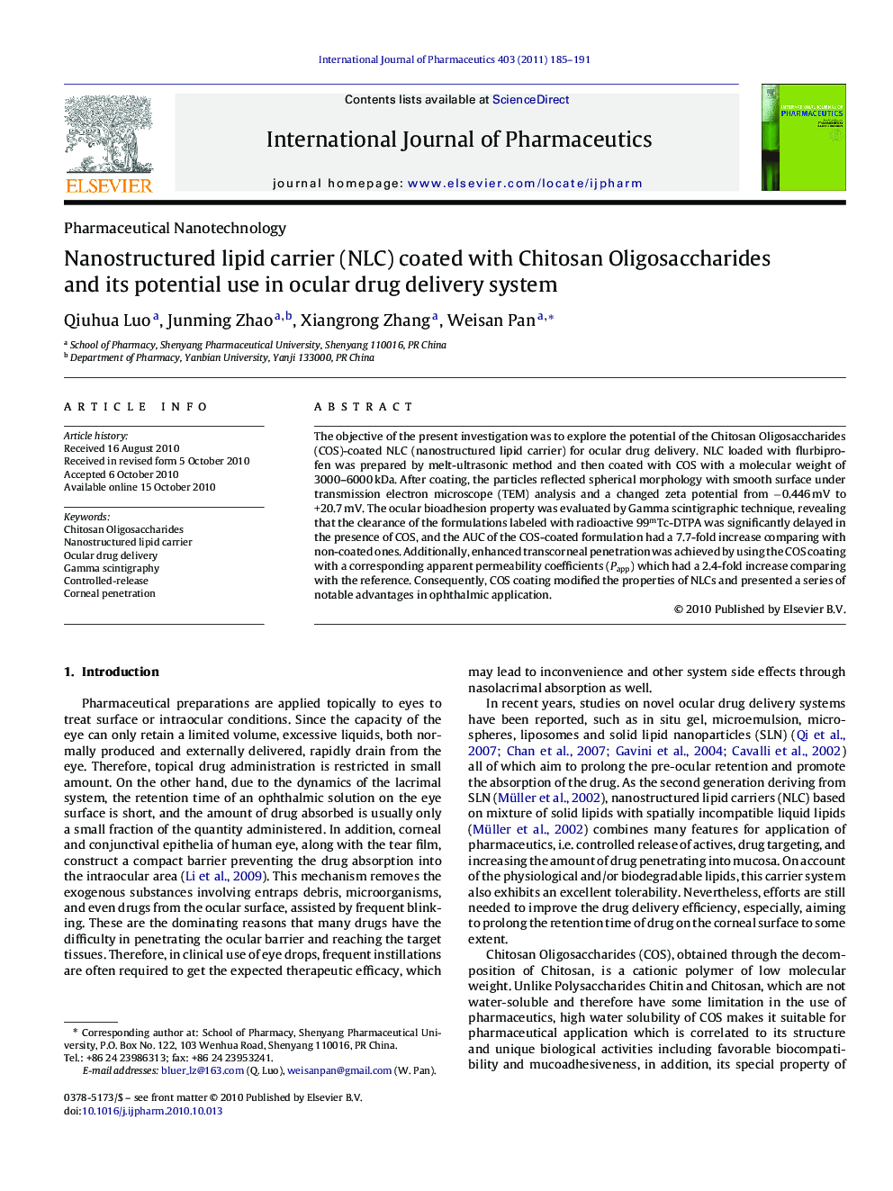 Nanostructured lipid carrier (NLC) coated with Chitosan Oligosaccharides and its potential use in ocular drug delivery system