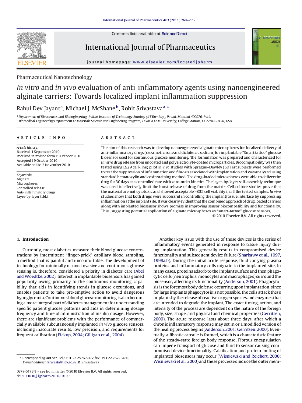 In vitro and in vivo evaluation of anti-inflammatory agents using nanoengineered alginate carriers: Towards localized implant inflammation suppression